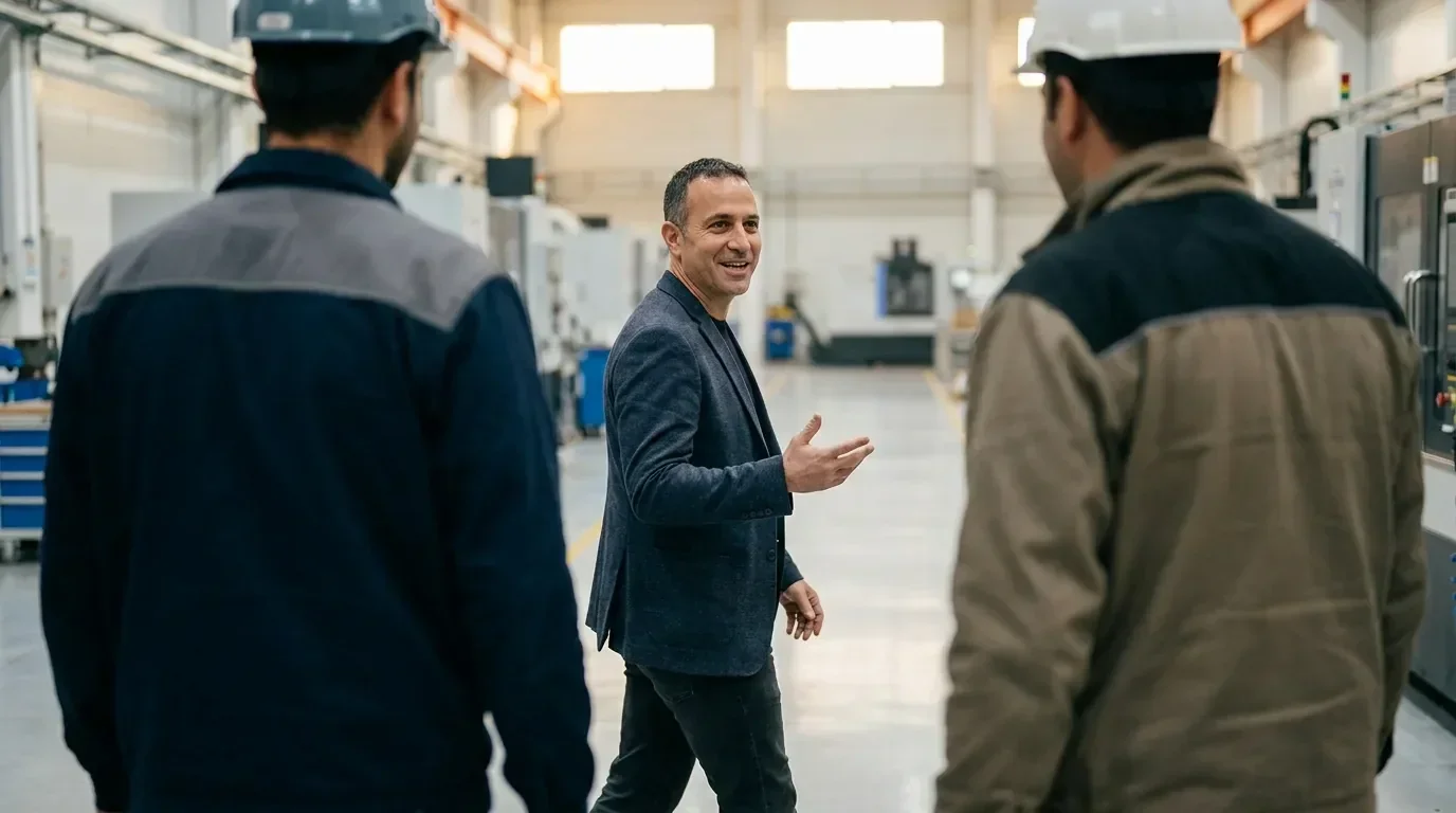 ערן שומרון יועץ עסקי על במה עם צורה גיאומטרית ירוקה